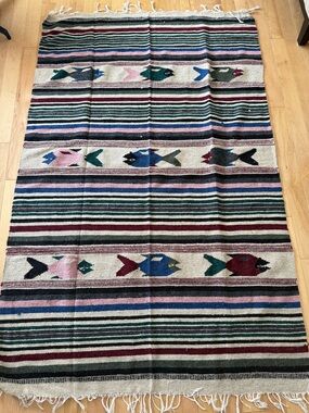 Handwoven Mexican Fish Pattern Throw Rug - Multicolor